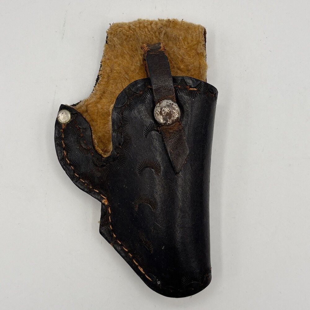 Vintage Black Leather Pistol Holster Shearling Lined Decorative Tooled Design